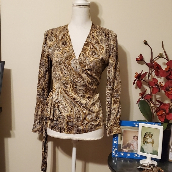 Talbots 100% Silk Brown Paisley Wrap Top - Picture 3 of 11